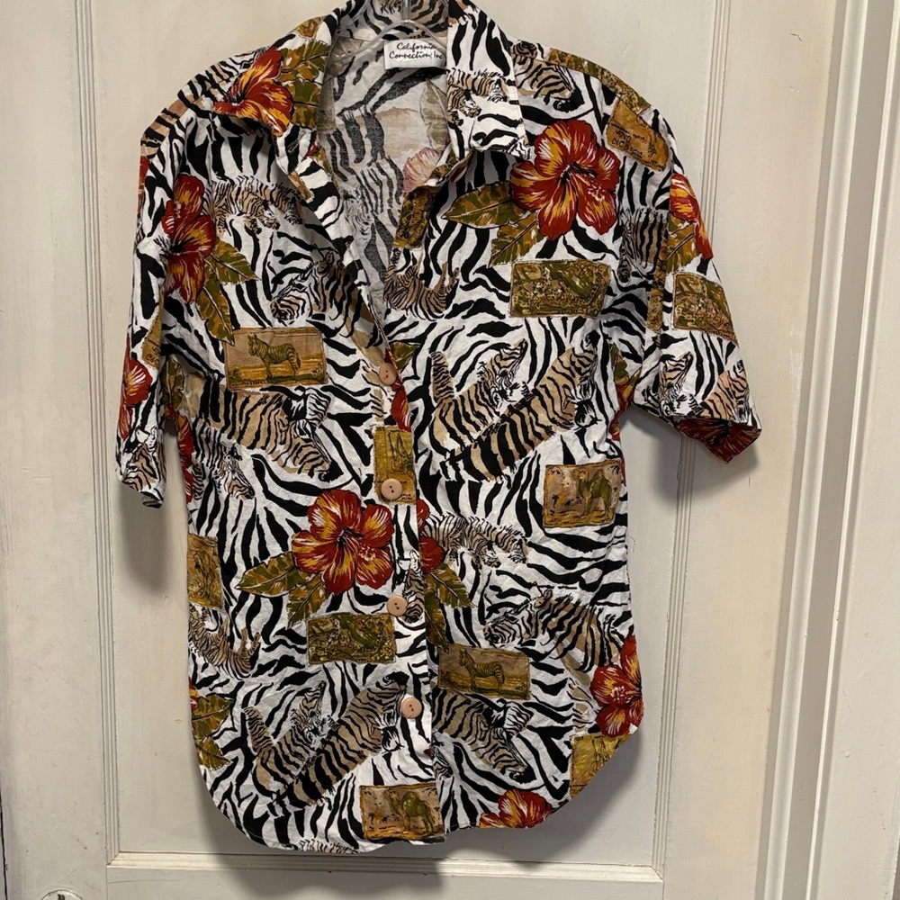 California Connection Safari Zebra and Floral Men's Short Sleeve Shirt Medium